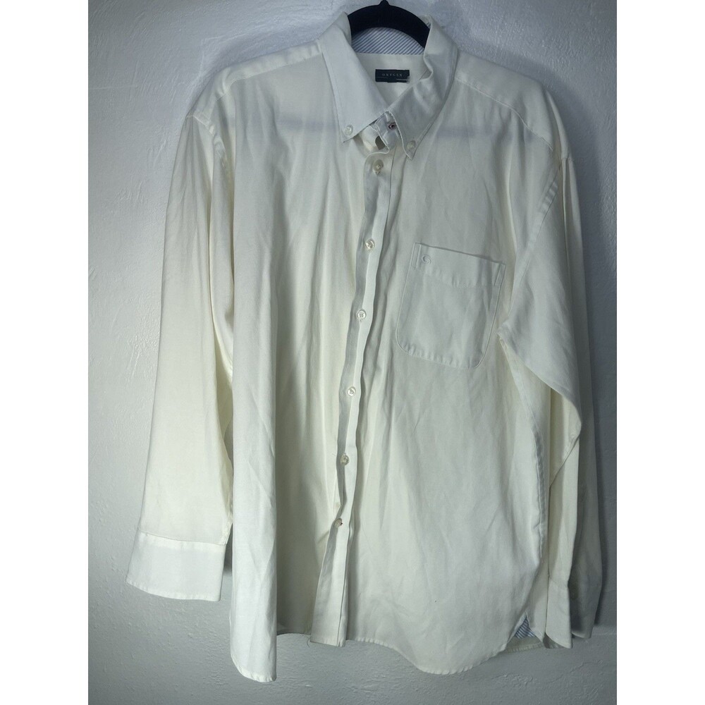 Oxygen Shirt Mens Large White  Button-Up Long Sleeve Blue Stripe Trim PREPPY